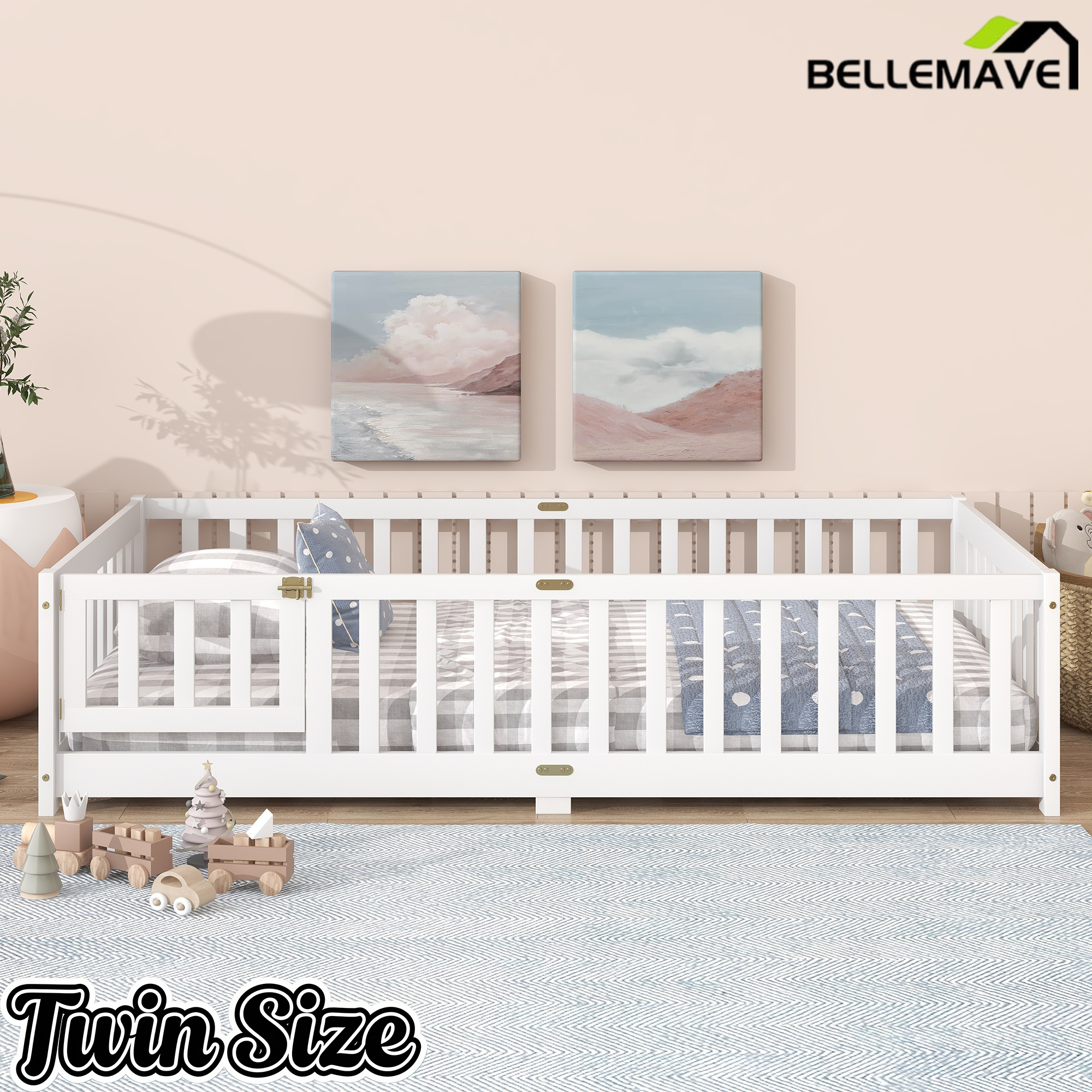 Bellemave® Twin Size Montessori Floor Bed for Kids,Twin Floor Bed Frame with Slats,Solid Wood Twin Bed Frame for Girls Boys,Grey Bellemave®