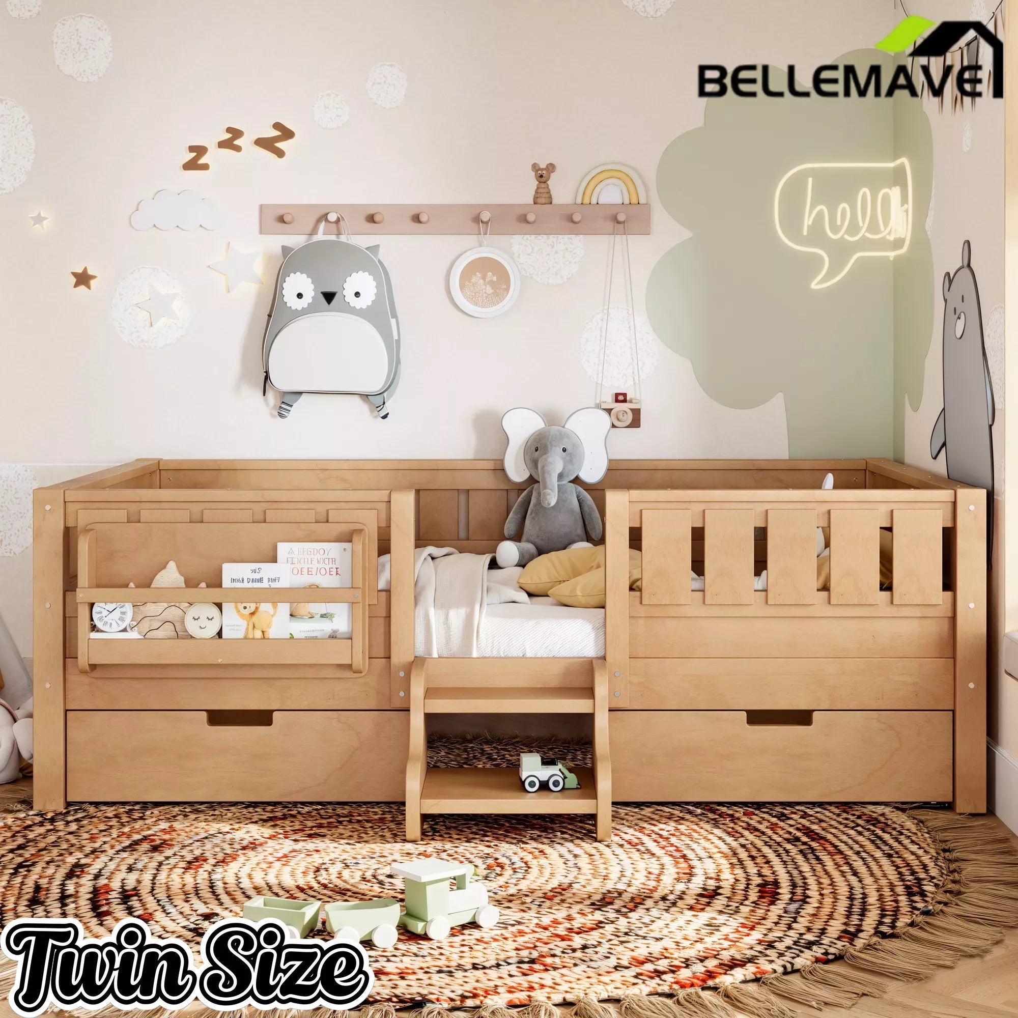 Bellemave® Montessori Bed with Stairs, Rails & Slats, Montessori Floor Bed with Bookshelf & 2 Storage Drawers for Girls & Boys Bellemave®