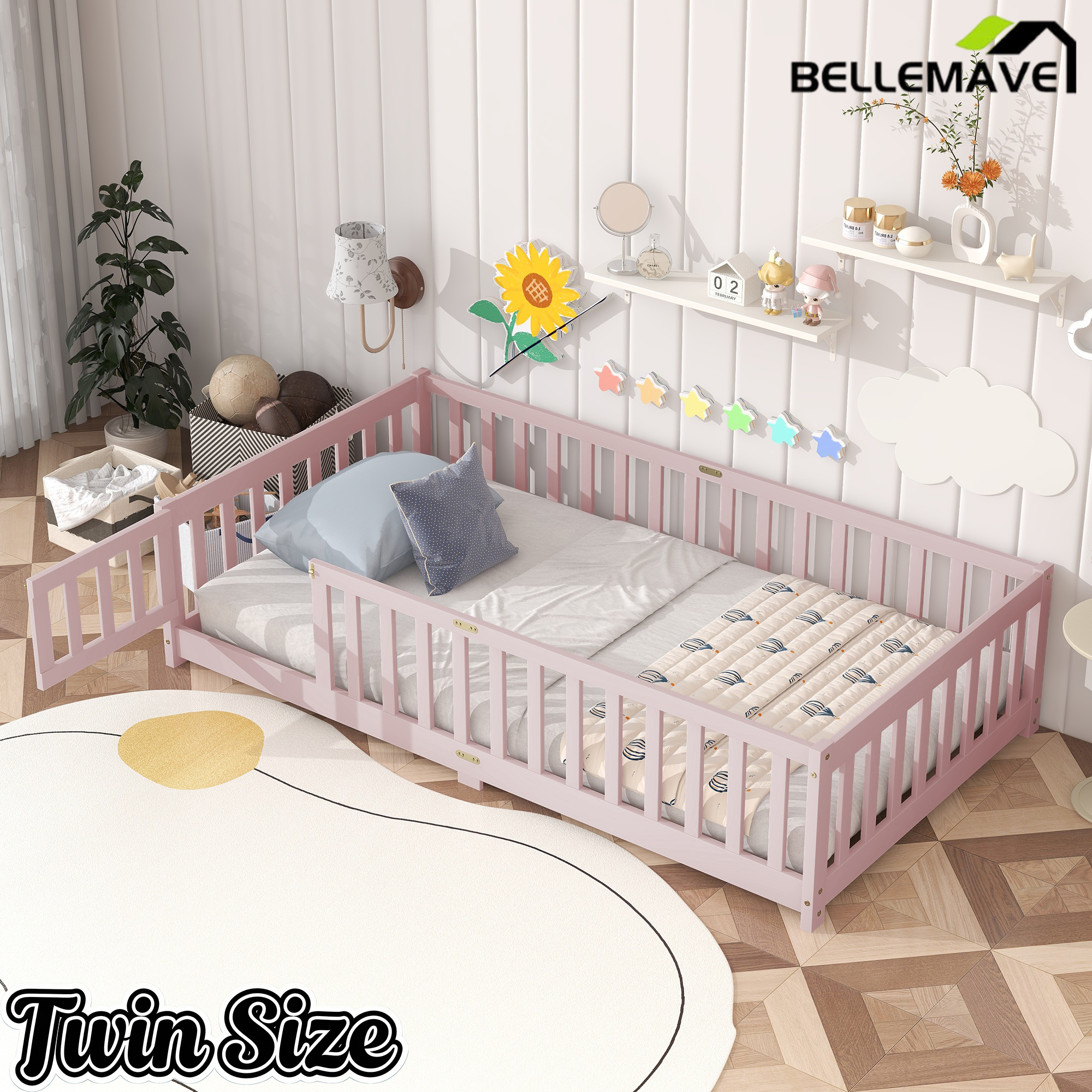 Bellemave® Twin Size Montessori Floor Bed for Kids,Twin Floor Bed Frame with Slats,Solid Wood Twin Bed Frame for Girls Boys,Grey Bellemave®