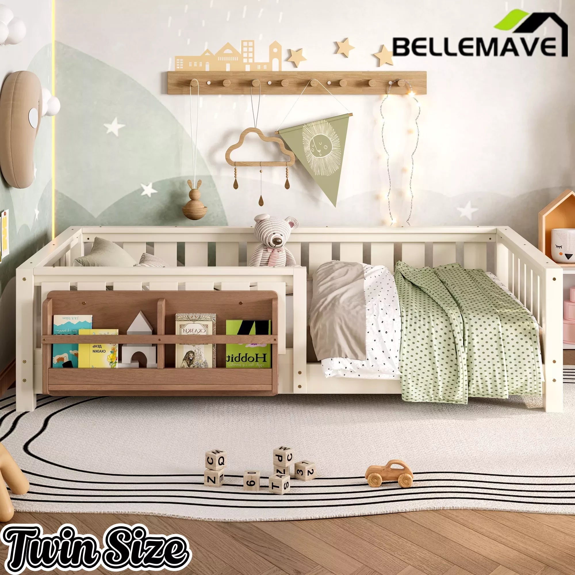 Bellemave® Kids Montessori Floor Bed with Safety Guardrails, Built-in Bookcase & Wooden Slats — Twin, Full, Queen Sizes Bellemave®