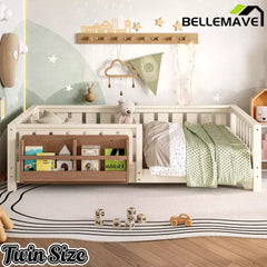 Bellemave® Kids Montessori Floor Bed with Safety Guardrails, Built-in Bookcase & Wooden Slats — Twin, Full, Queen Sizes Bellemave®