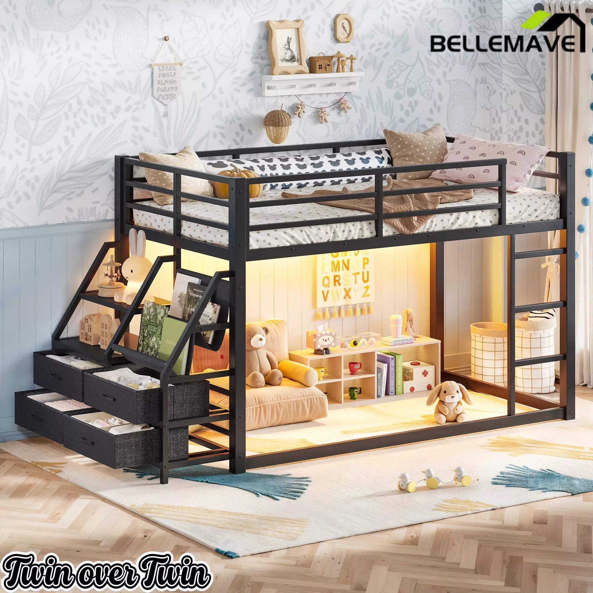Bellemave® Twin over Twin Bunk Bed with LED, Storage Shelves & Drawer, Metal Floor Bunk Bed for Kids Bellemave®