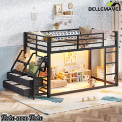 Bellemave® Twin over Twin Bunk Bed with LED, Storage Shelves & Drawer, Metal Floor Bunk Bed for Kids Bellemave®