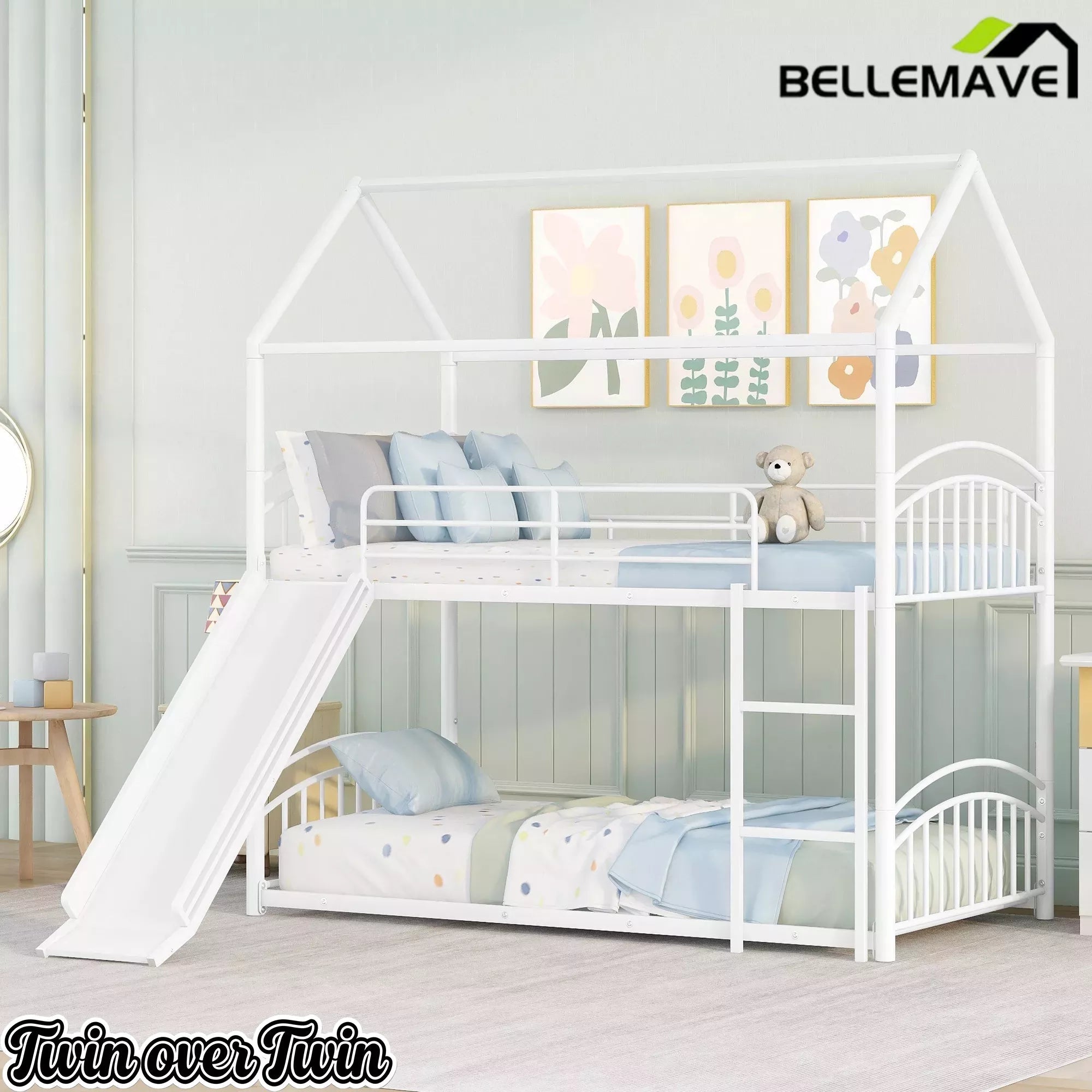 Bellemave® Metal Twin over Twin House Bunk Bed with Slide & Built-in Ladder for Kids Bellemave®