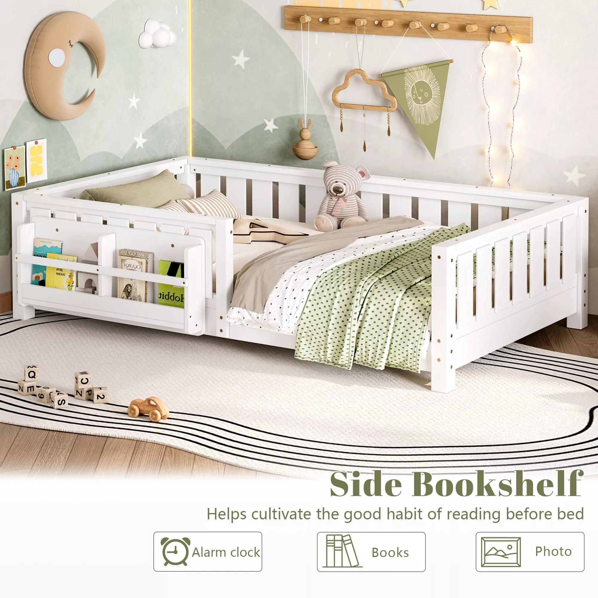 Bellemave® Kids Montessori Floor Bed with Safety Guardrails, Built-in Bookcase & Wooden Slats — Twin, Full, Queen Sizes Bellemave®