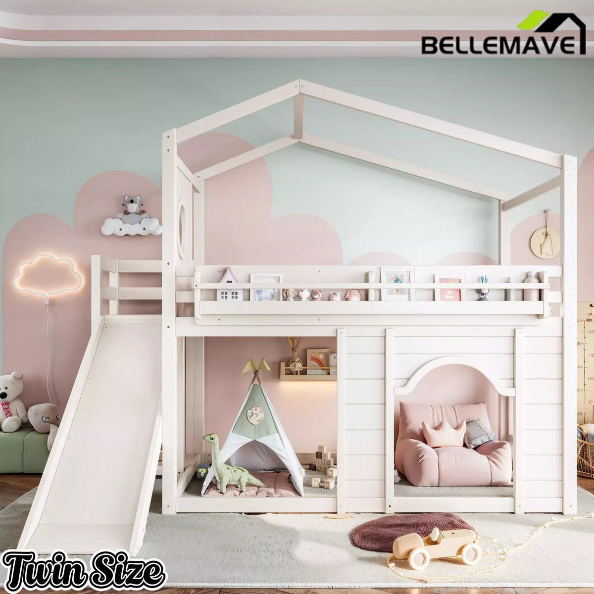 Bellemave® House Loft Bed with Slide, Bookshelves & Built-in Wardrobe | Natural Wood Playhouse Bunk Bed for Kids Bellemave®