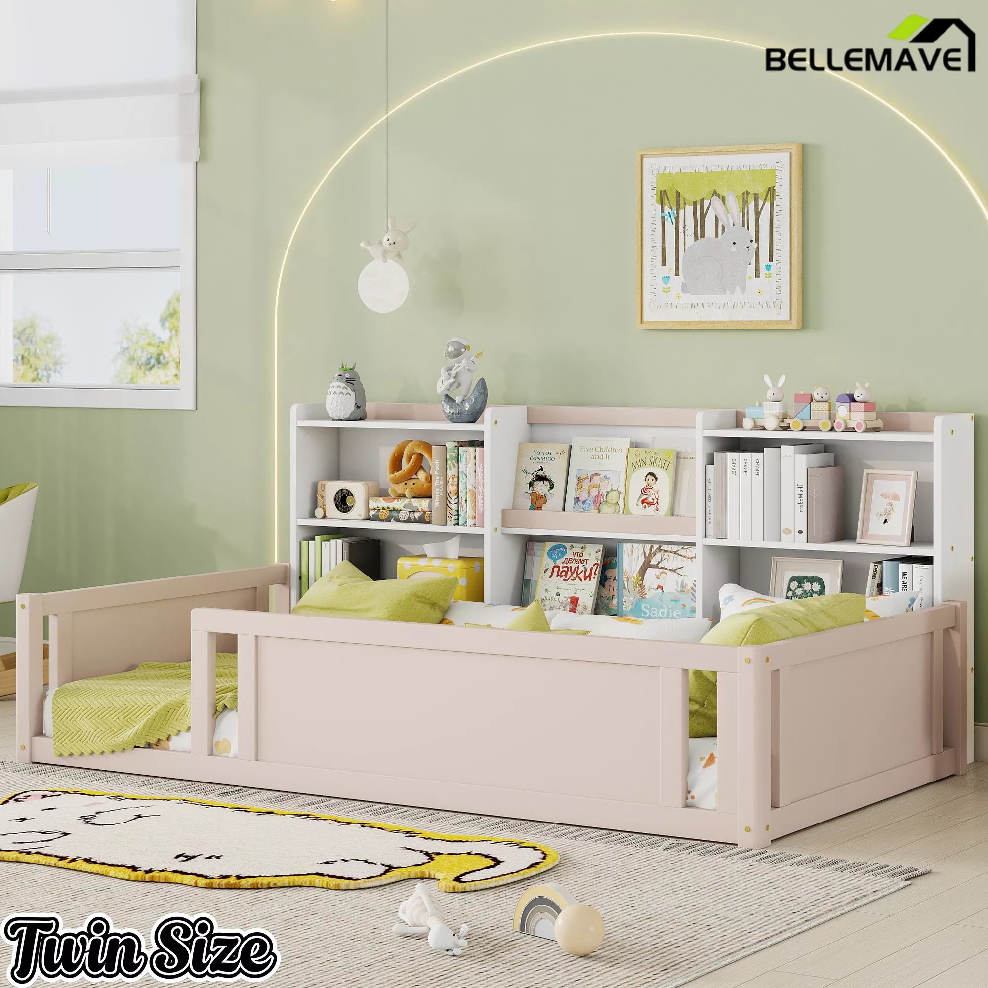 Twin Montessori floor bed with guardrails for kids