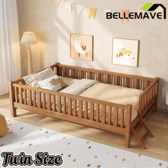 Bellemave® Wood Twin Size Platform Bed with Guardrail, Kids Bed Frame with Stairs Bellemave®