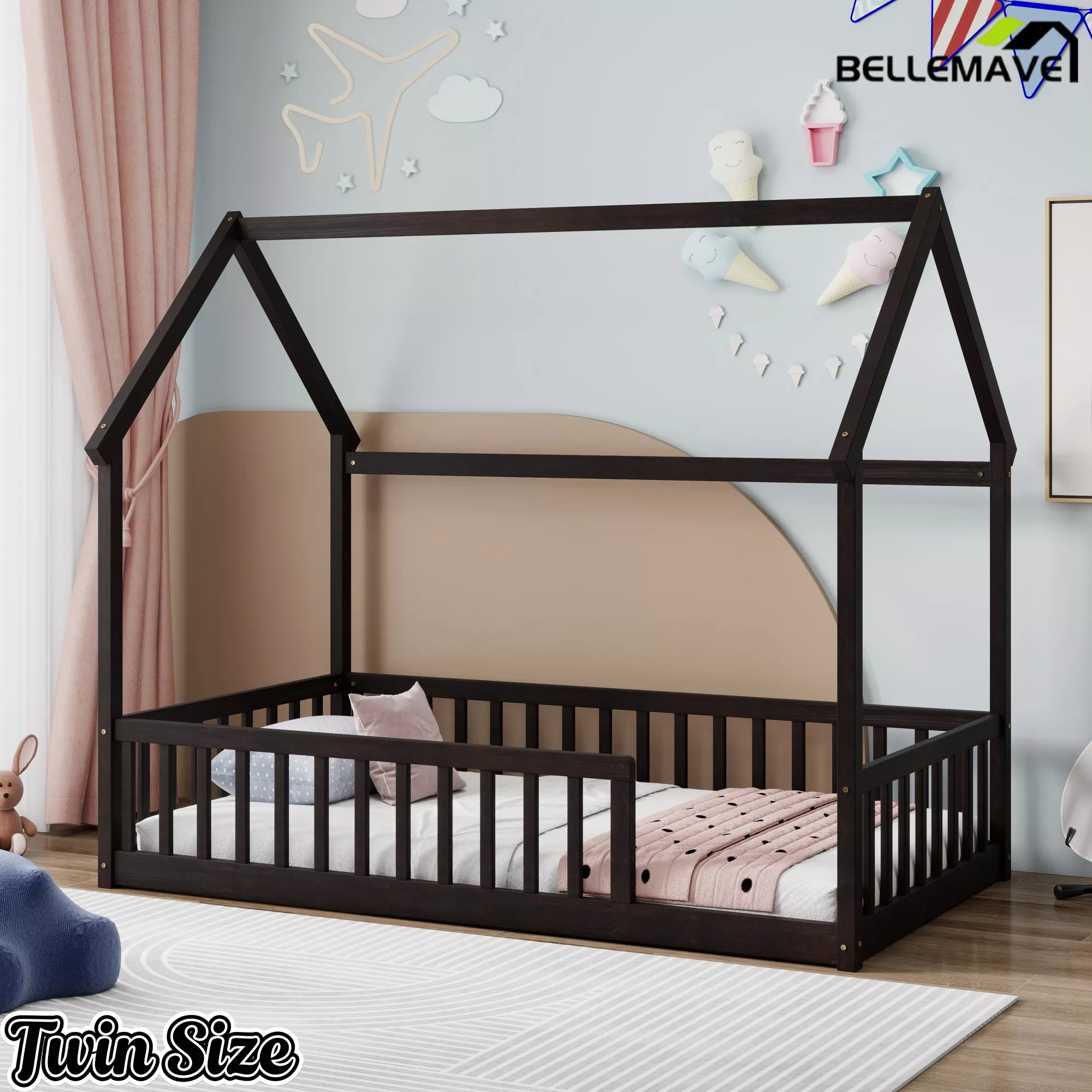 Bellemave® espresso twin Montessori floor bed setup
