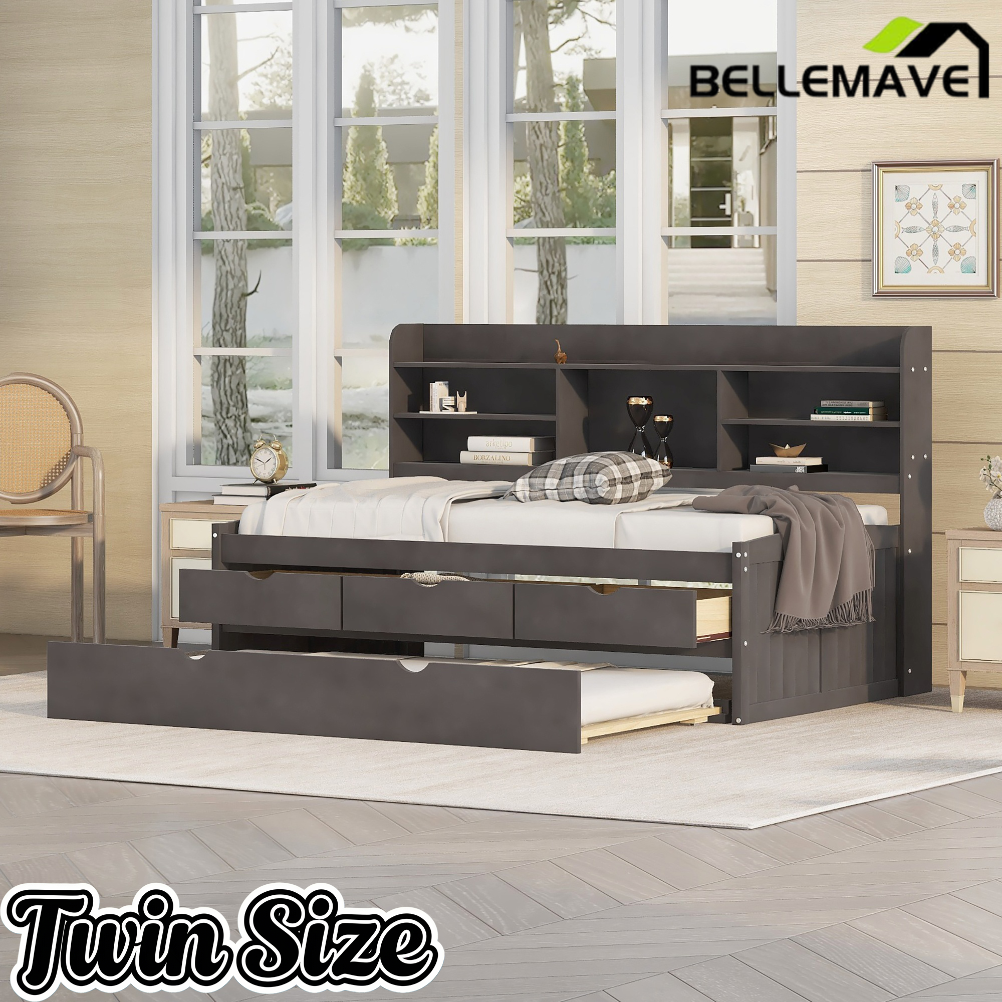 Bellemave Full Size Captain Bed, Full Beds with Trundle & Storage Drawers, Wood Daybed Frame with Bookcase Headboard & Slats Support for Kids Teens, Antique Brown Bellemave