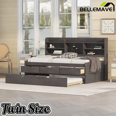 Bellemave Full Size Captain Bed, Full Beds with Trundle & Storage Drawers, Wood Daybed Frame with Bookcase Headboard & Slats Support for Kids Teens, Antique Brown Bellemave