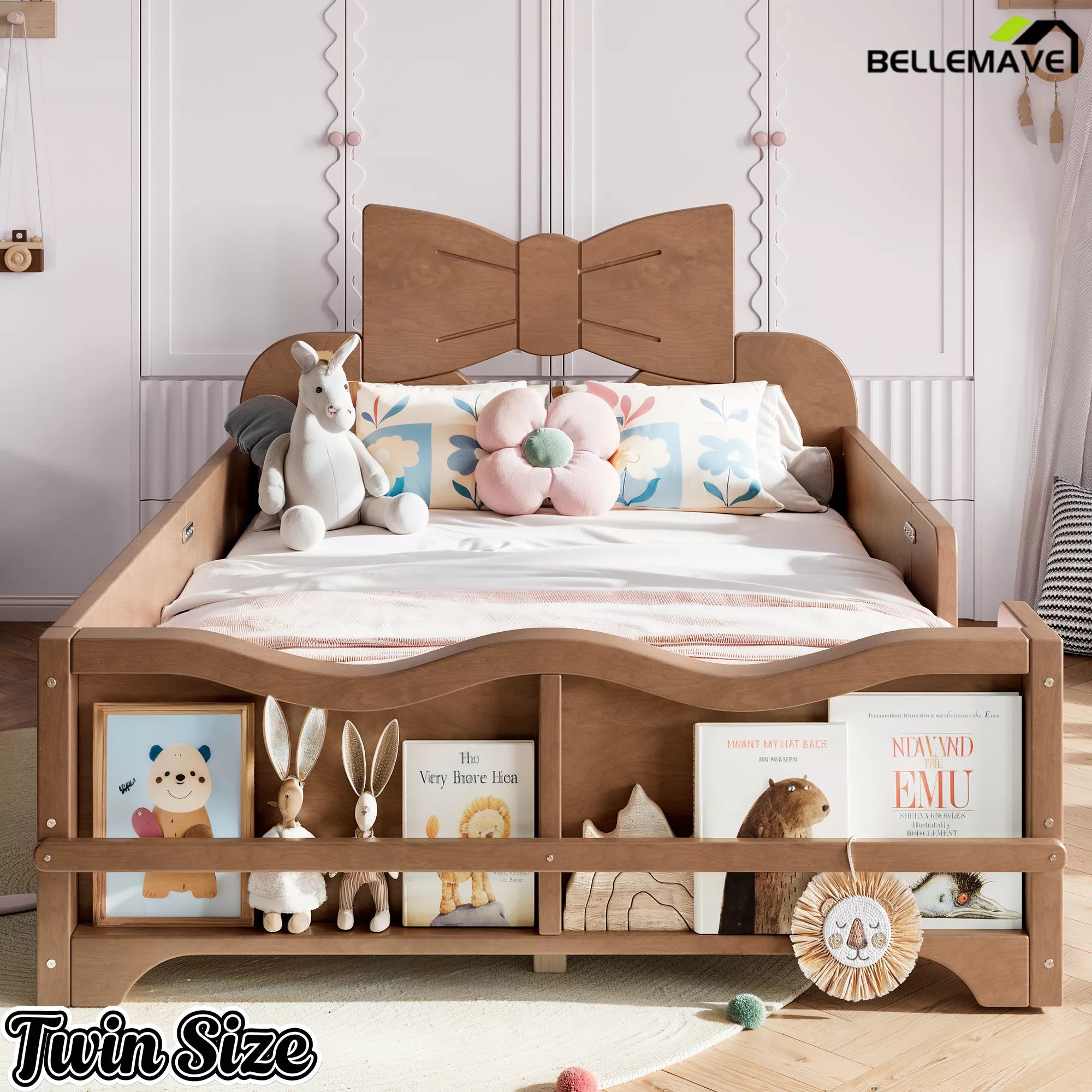 Front view walnut twin size kids platform bed frame, decorative bow headboard, wavy safety rails and built‑in bookshelf