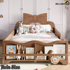 Front view walnut twin size kids platform bed frame, decorative bow headboard, wavy safety rails and built‑in bookshelf