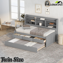 Bellemave Full Size Captain Bed, Full Beds with Trundle & Storage Drawers, Wood Daybed Frame with Bookcase Headboard & Slats Support for Kids Teens, Antique Brown Bellemave