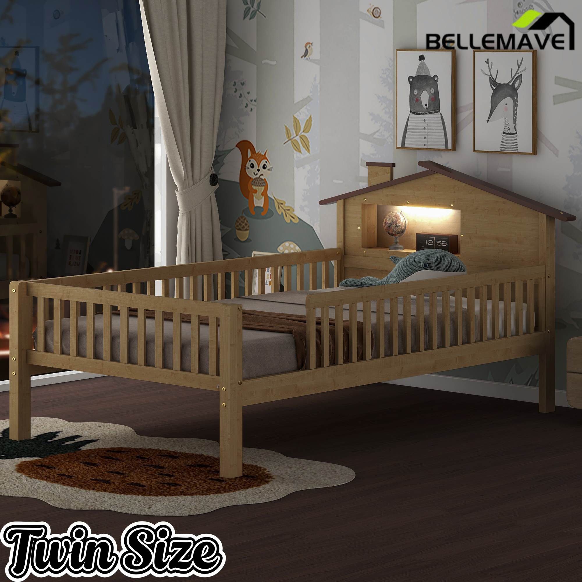 Bellemave® Twin Size Solid Wood Platform Bed with House-Shaped Headboard,Safety Guardrails,LED & Built-in Storage,No Box Spring Needed (Natural) Bellemave®