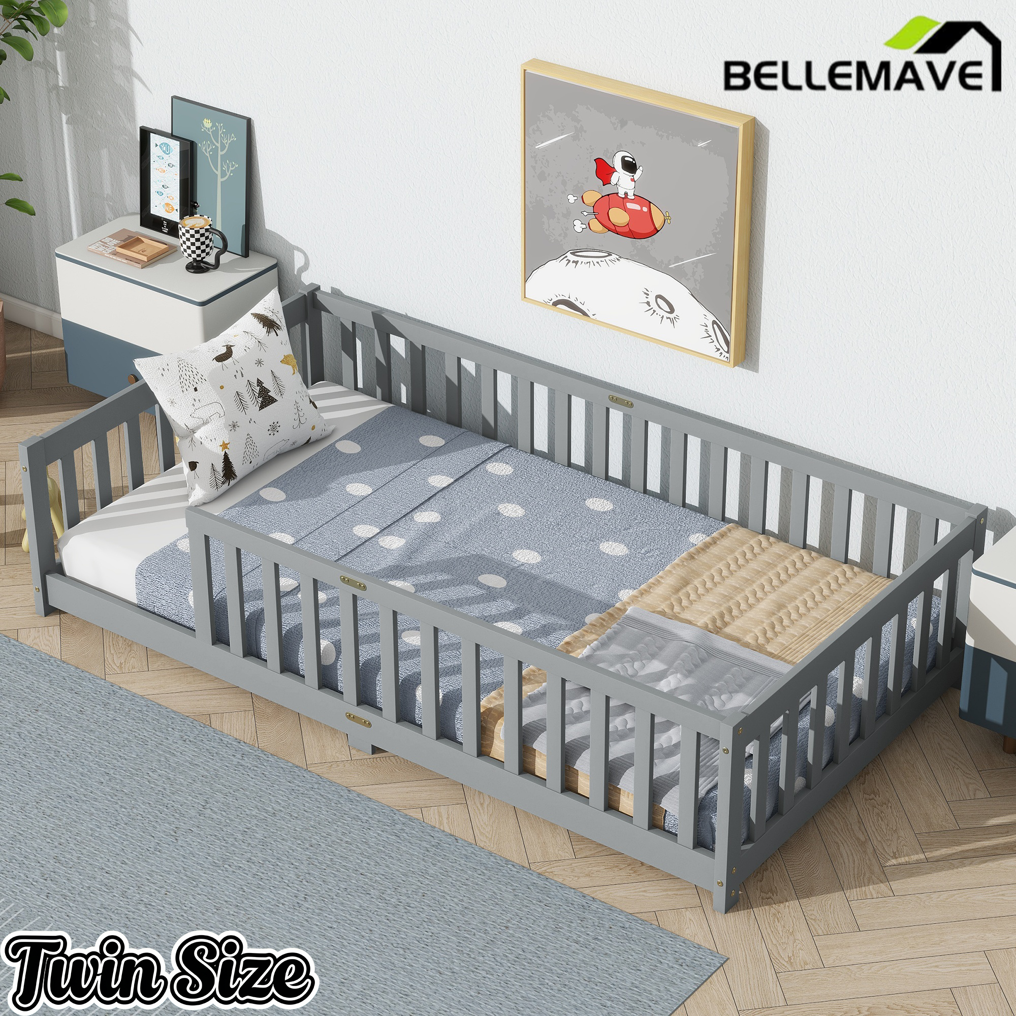 Bellemave® Twin Size Montessori Floor Bed for Kids,Twin Floor Bed Frame with Slats,Solid Wood Twin Bed Frame for Girls Boys,Grey Bellemave®