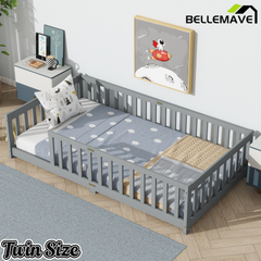 Bellemave® Twin Size Montessori Floor Bed for Kids,Twin Floor Bed Frame with Slats,Solid Wood Twin Bed Frame for Girls Boys,Grey Bellemave®