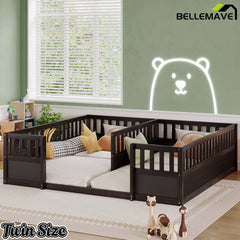 Bellemave® Double Twin Floor Bed with Guardrails, Pine Wood Kids Floor Bed with Open Entrance, Semi-Enclosed Montessori Bed Frame