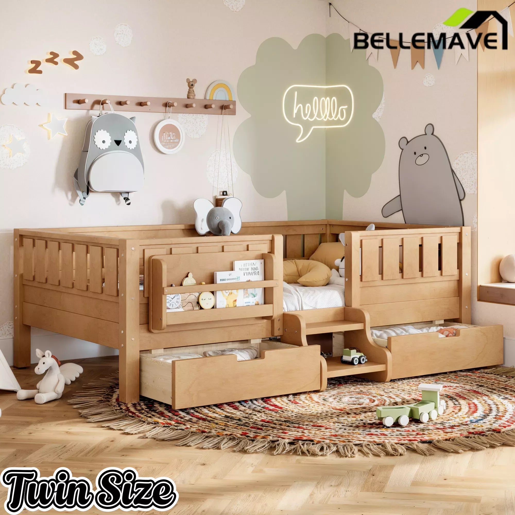 Bellemave® Montessori Bed with Stairs, Rails & Slats, Montessori Floor Bed with Bookshelf & 2 Storage Drawers for Girls & Boys Bellemave®