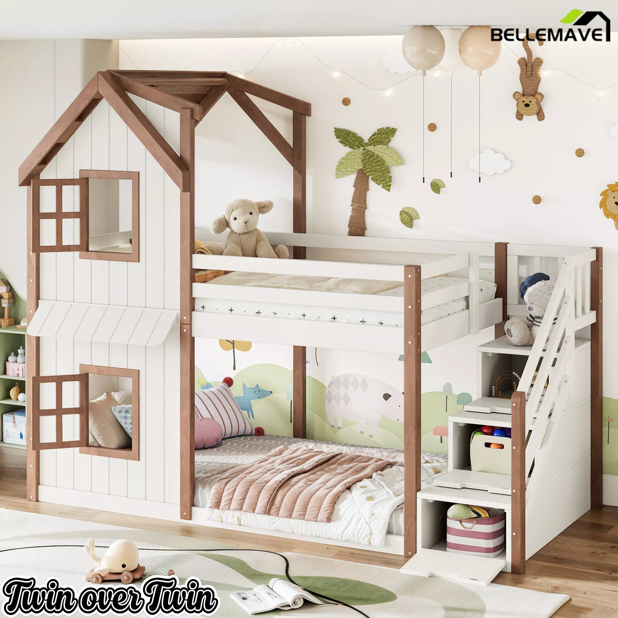 Twin over twin bunk bed with storage staircase drawers