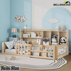 Wooden Kids Floor Bed with Side Storage Shelves