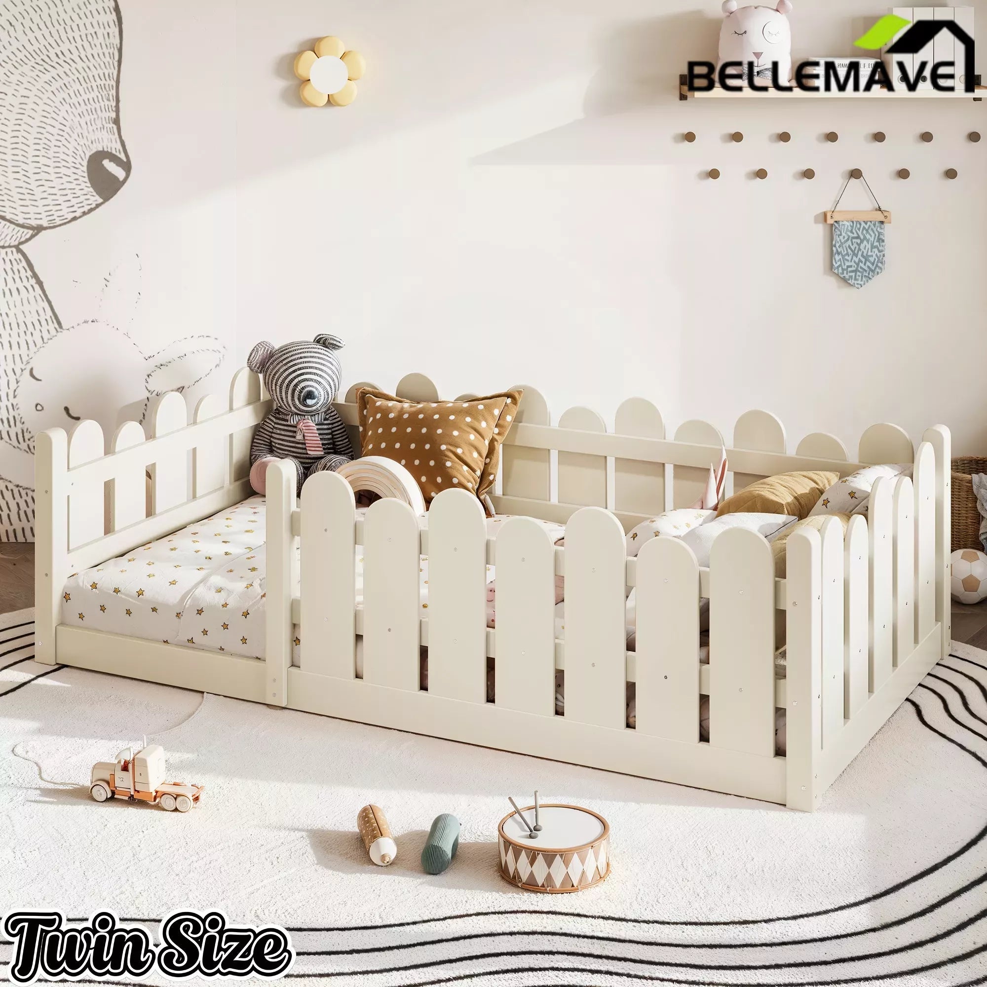 Bellemave® Kids Montessori Floor Bed with Rounded Safety Guardrail,Solid Wood Montessori Bed for Girls & Boys Bellemave®
