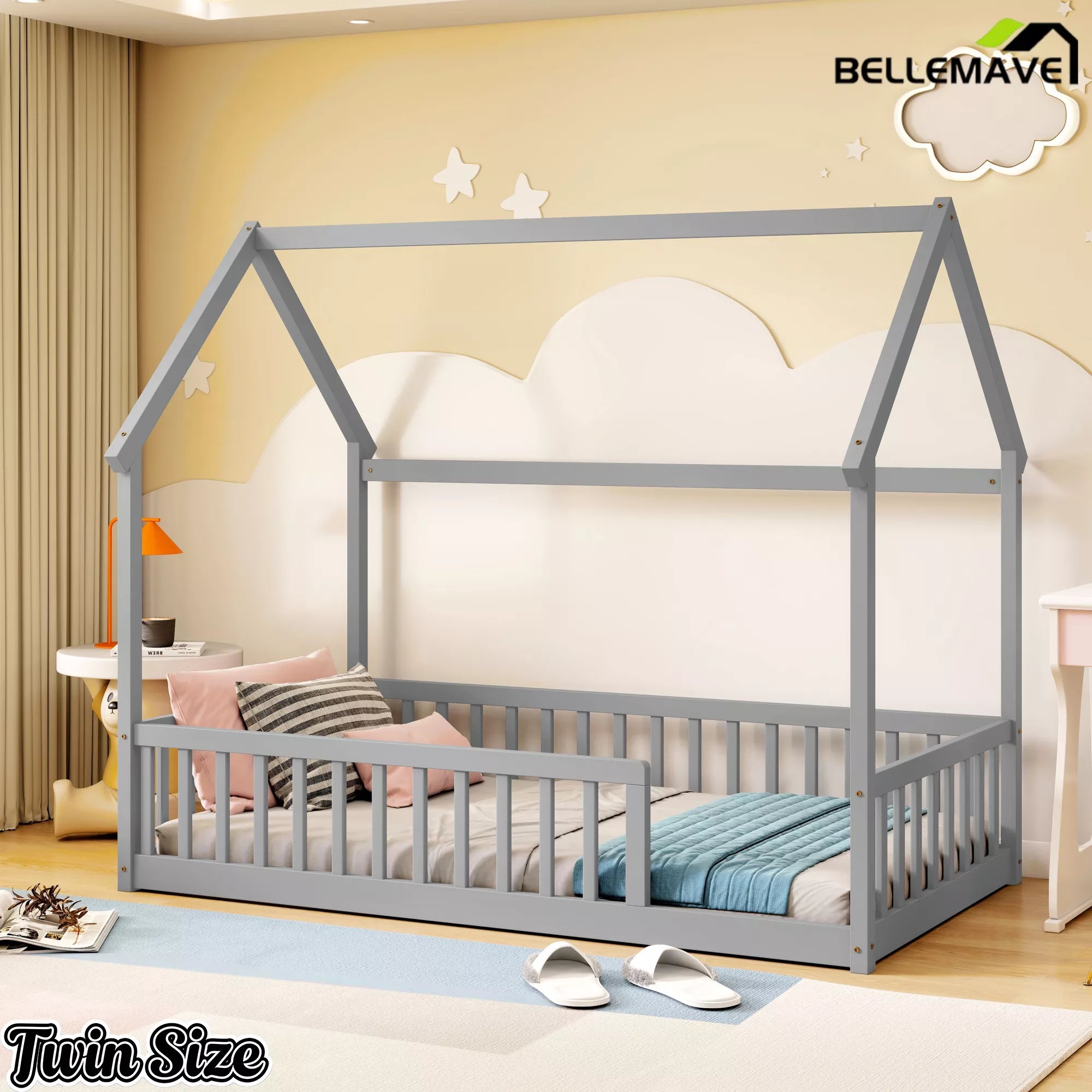 Bellemave® gray twin Montessori house floor bed setup