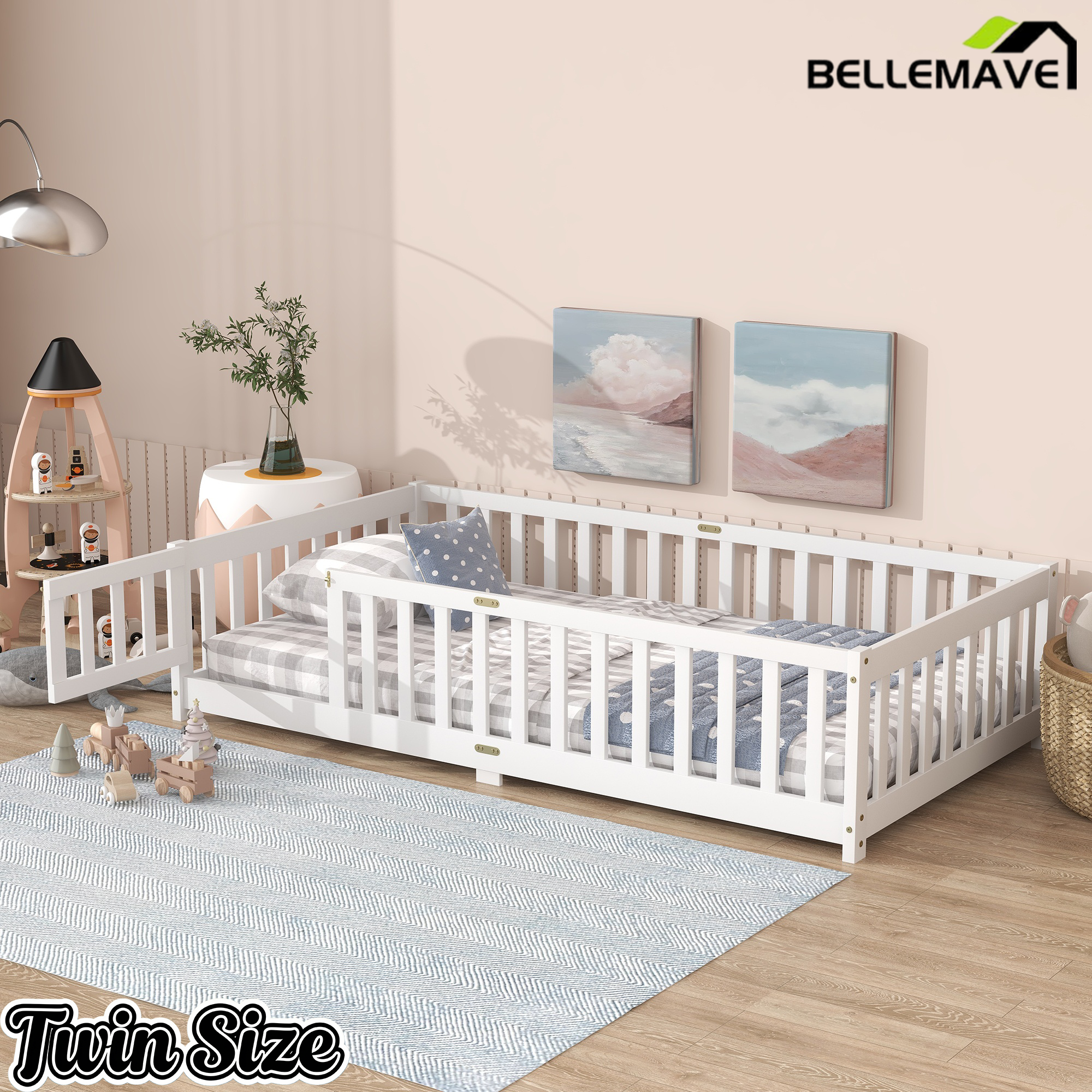 Bellemave® Twin Size Montessori Floor Bed for Kids,Twin Floor Bed Frame with Slats,Solid Wood Twin Bed Frame for Girls Boys,Grey Bellemave®