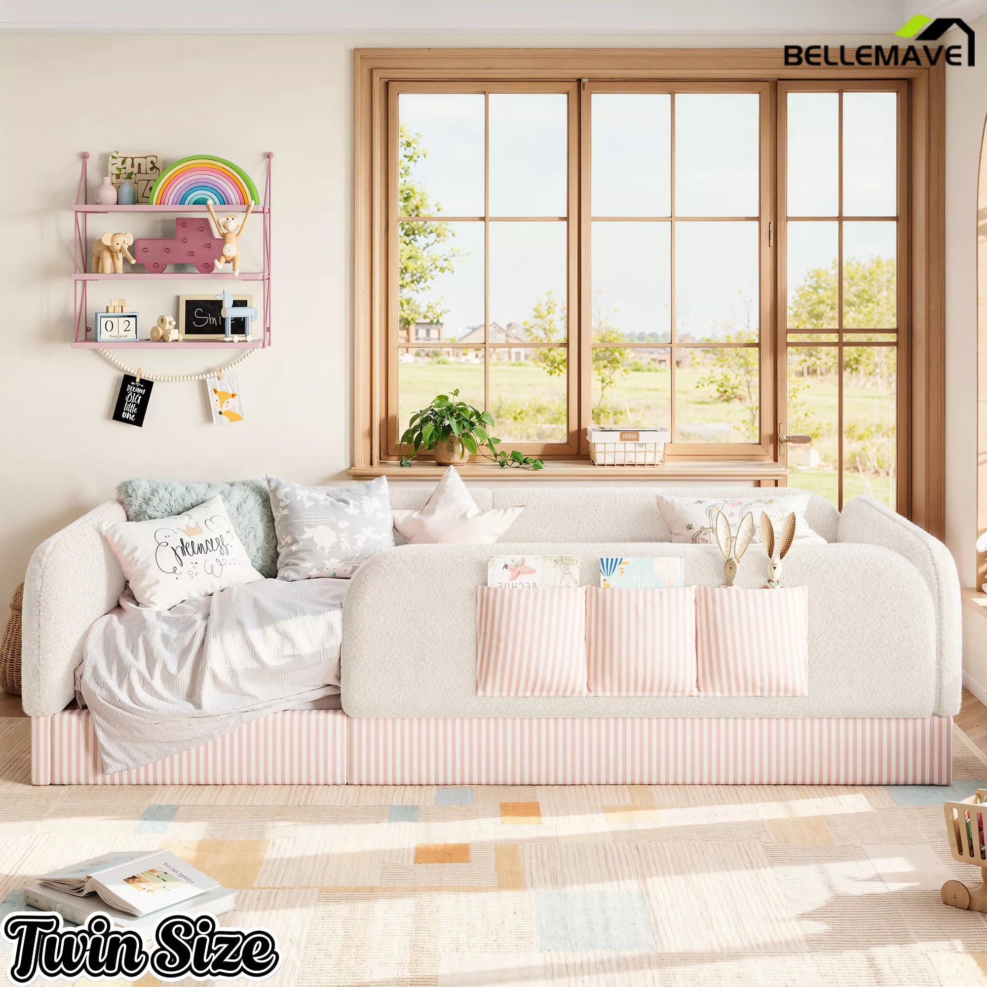 kids upholstered floor bed with full surround safety rails