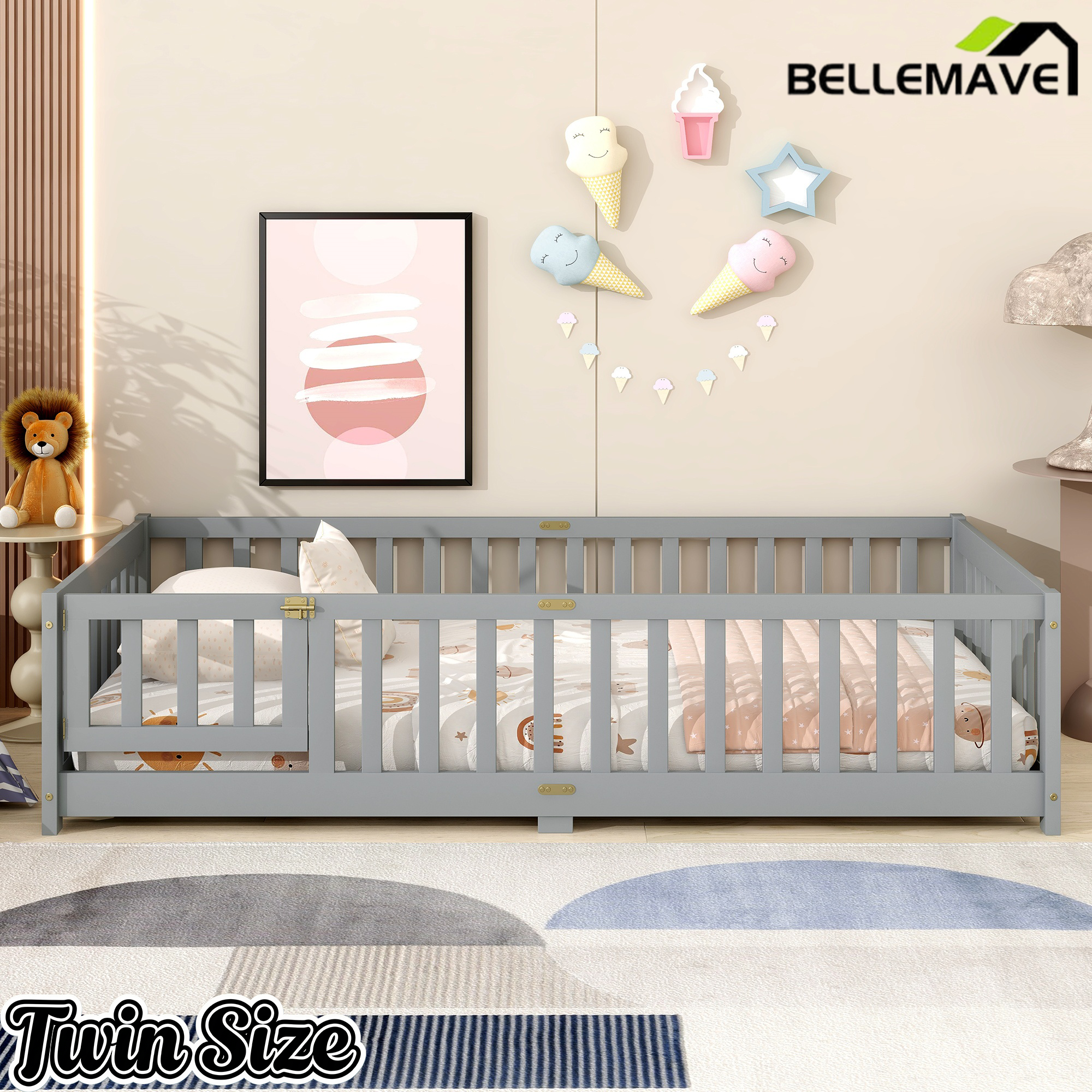 Bellemave® Twin Size Montessori Floor Bed for Kids,Twin Floor Bed Frame with Slats,Solid Wood Twin Bed Frame for Girls Boys,Grey Bellemave®