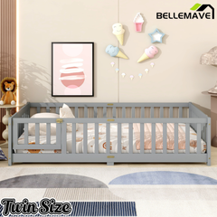 Bellemave® Twin Size Montessori Floor Bed for Kids,Twin Floor Bed Frame with Slats,Solid Wood Twin Bed Frame for Girls Boys,Grey Bellemave®