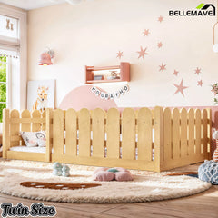 Bellemave® Solid Wood Montessori Floor Bed with Fence Guardrails, Low Profile Kids Floor Bed Frame