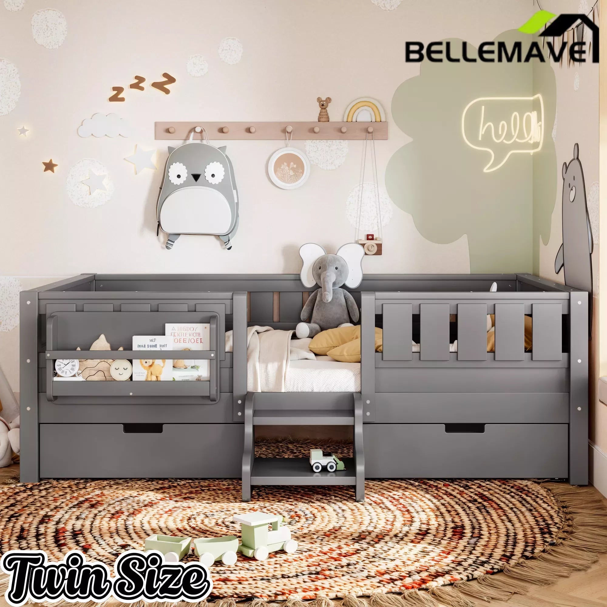 Bellemave® Montessori Bed with Stairs, Rails & Slats, Montessori Floor Bed with Bookshelf & 2 Storage Drawers for Girls & Boys Bellemave®
