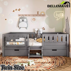 Bellemave® Montessori Bed with Stairs, Rails & Slats, Montessori Floor Bed with Bookshelf & 2 Storage Drawers for Girls & Boys Bellemave®