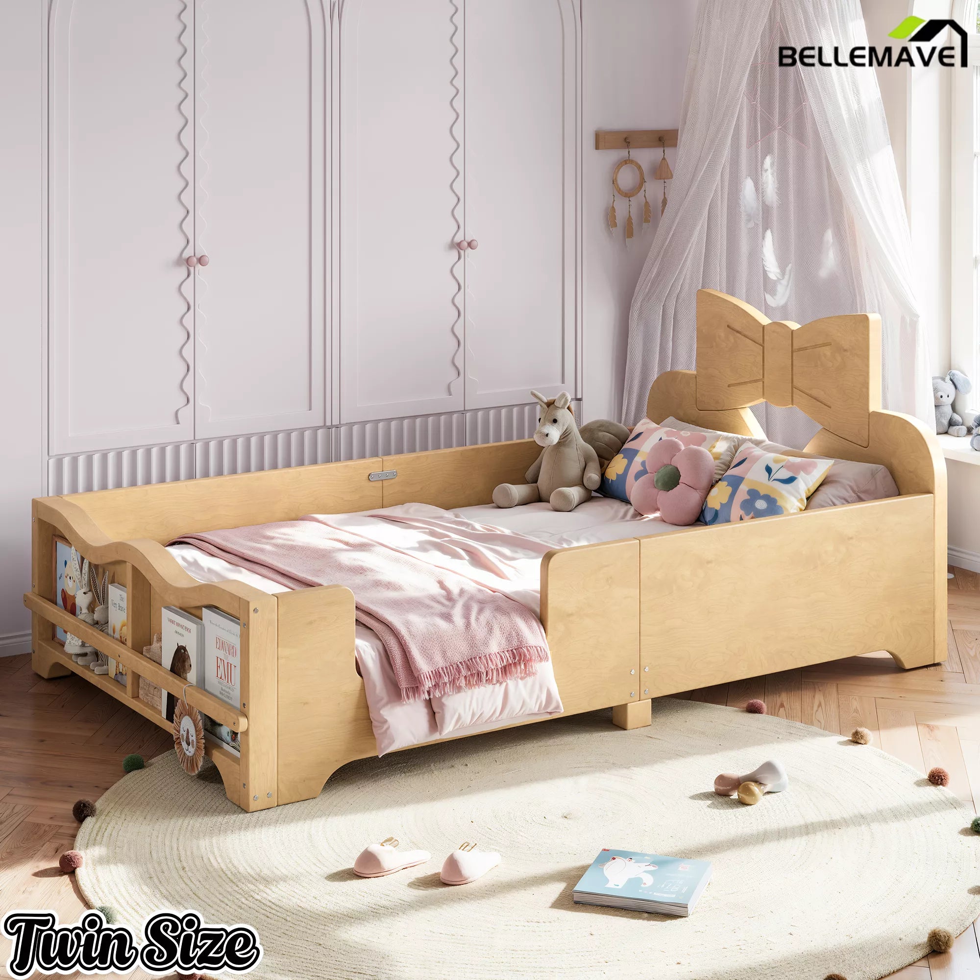 Side view natural solid wood twin size Montessori kids bed with bow headboard, full surrounding safety rails for girl room