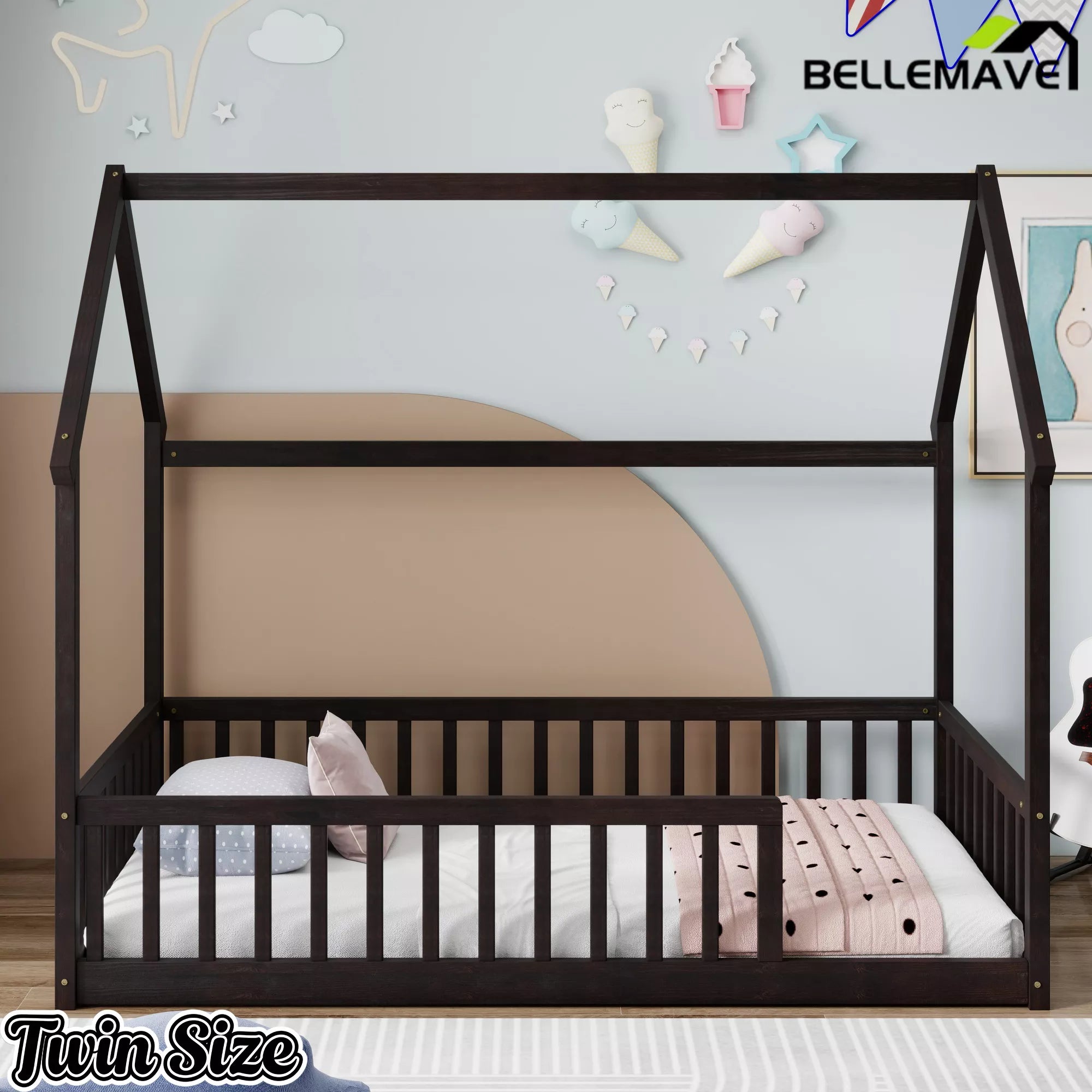 Bellemave® espresso dark wood twin house floor bed frame