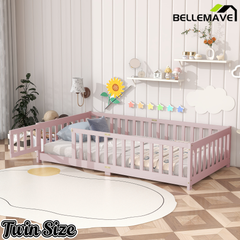 Bellemave® Twin Size Montessori Floor Bed for Kids,Twin Floor Bed Frame with Slats,Solid Wood Twin Bed Frame for Girls Boys,Grey Bellemave®