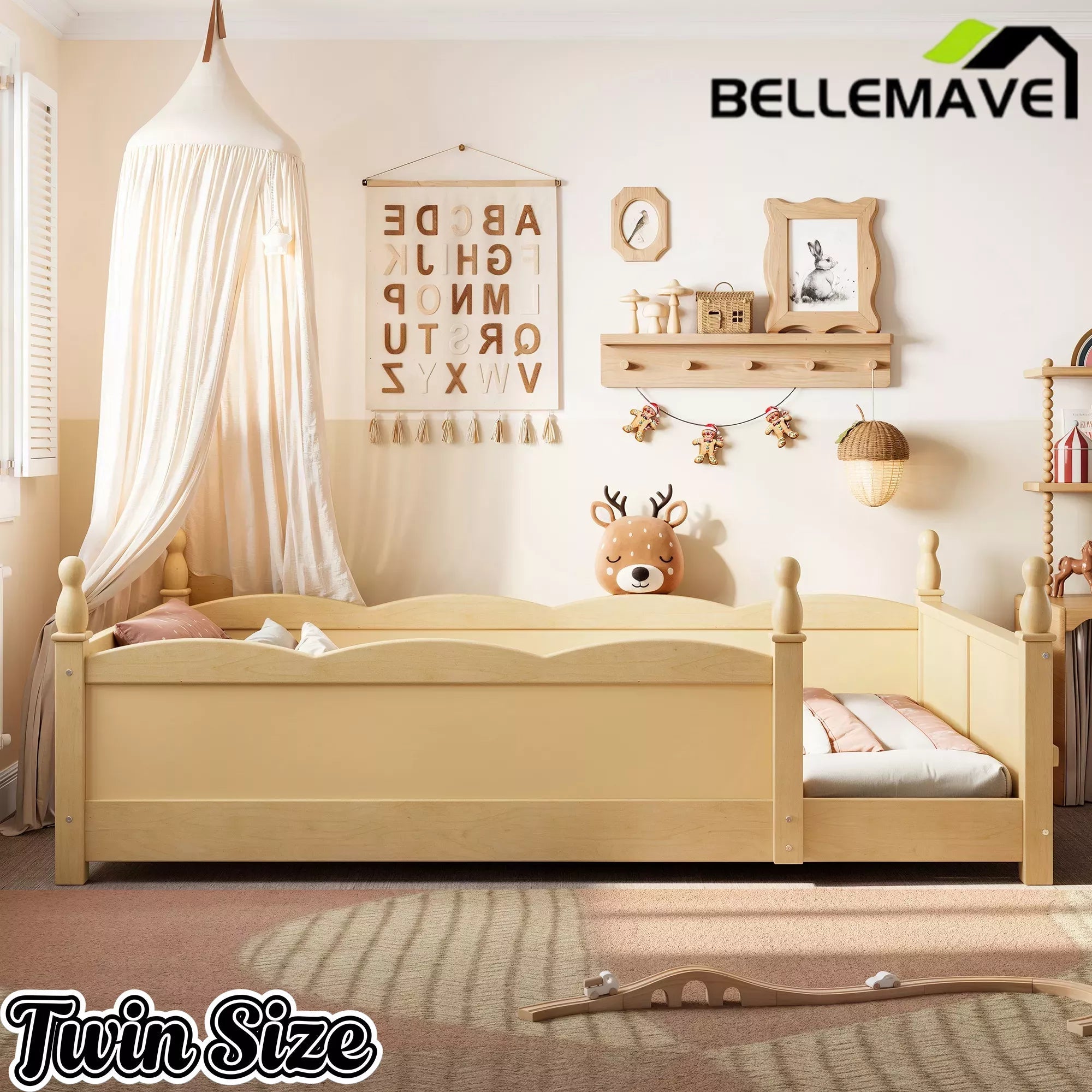 Bellemave® Floor Bed with Bookshelf & Safety Guardrails for Kids, Wooden Montessori Bed Frame with Childlike Design for Girls Boys Bellemave®