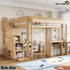 twin solid wood loft bed with built in storage stairs