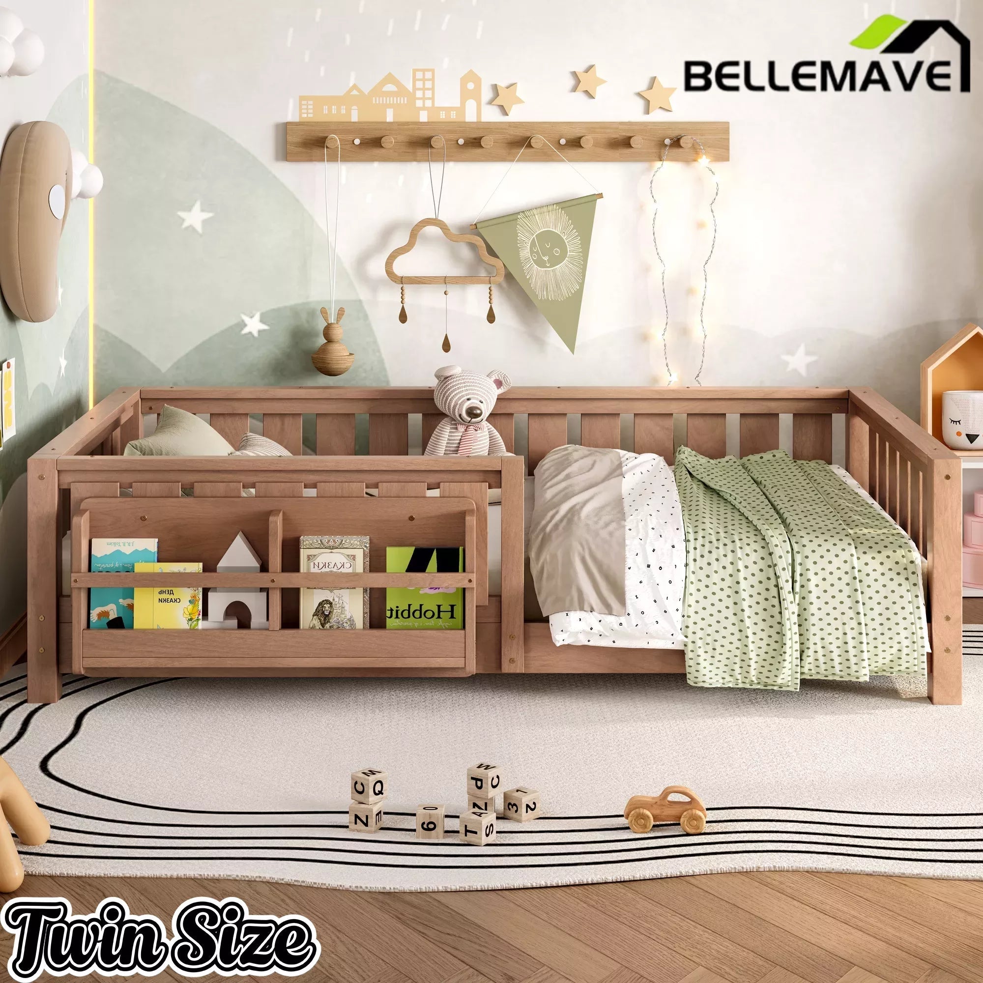 Bellemave® Kids Montessori Floor Bed with Safety Guardrails, Built-in Bookcase & Wooden Slats — Twin, Full, Queen Sizes Bellemave®