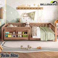 Bellemave® Kids Montessori Floor Bed with Safety Guardrails, Built-in Bookcase & Wooden Slats — Twin, Full, Queen Sizes Bellemave®