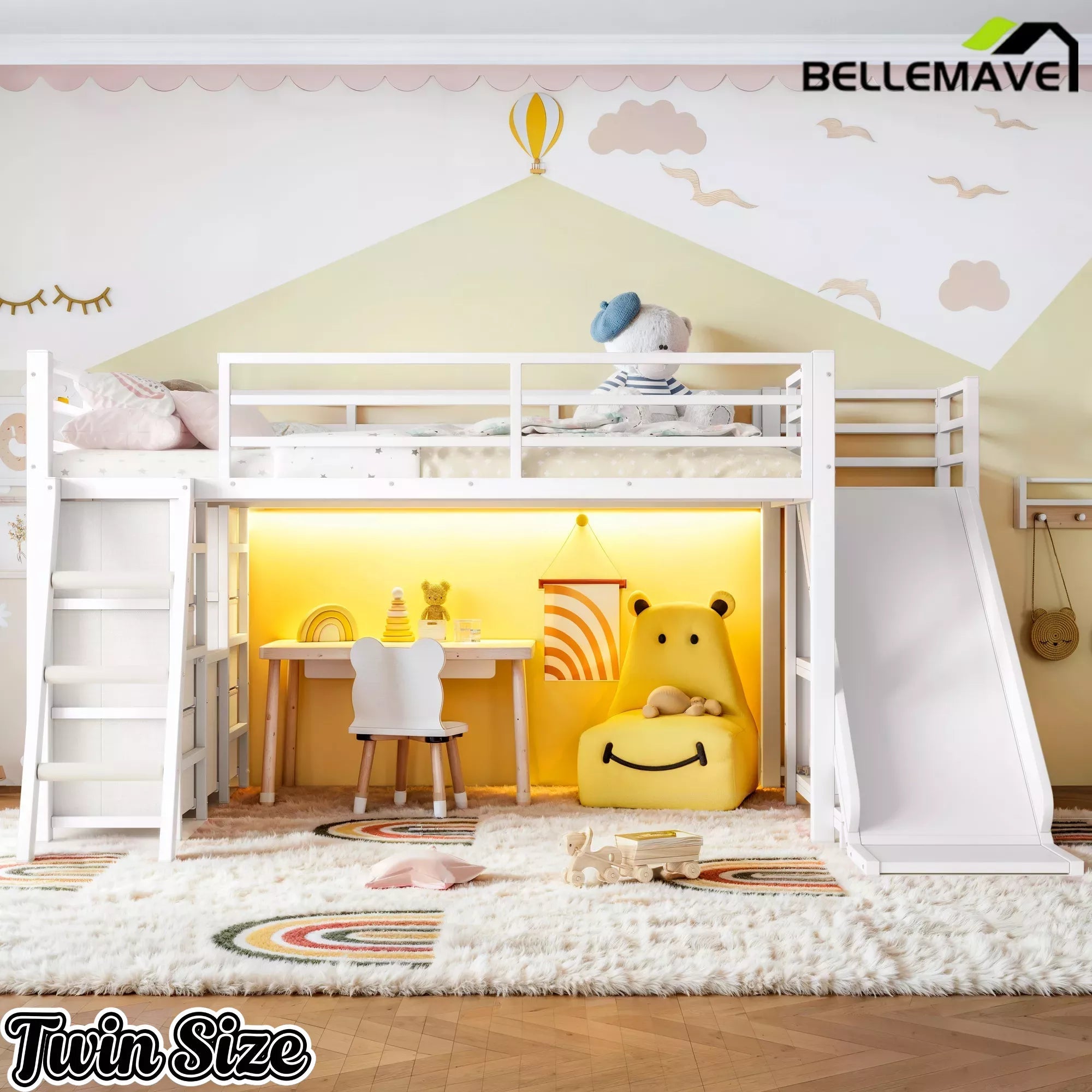 Bellemave® Twin Metal Loft Bed with Slide, 7 Drawers & LED Lights — Storage Shelves & Hanging Area for Kids Bellemave®