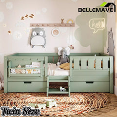 Bellemave® Montessori Bed with Stairs, Rails & Slats, Montessori Floor Bed with Bookshelf & 2 Storage Drawers for Girls & Boys Bellemave®