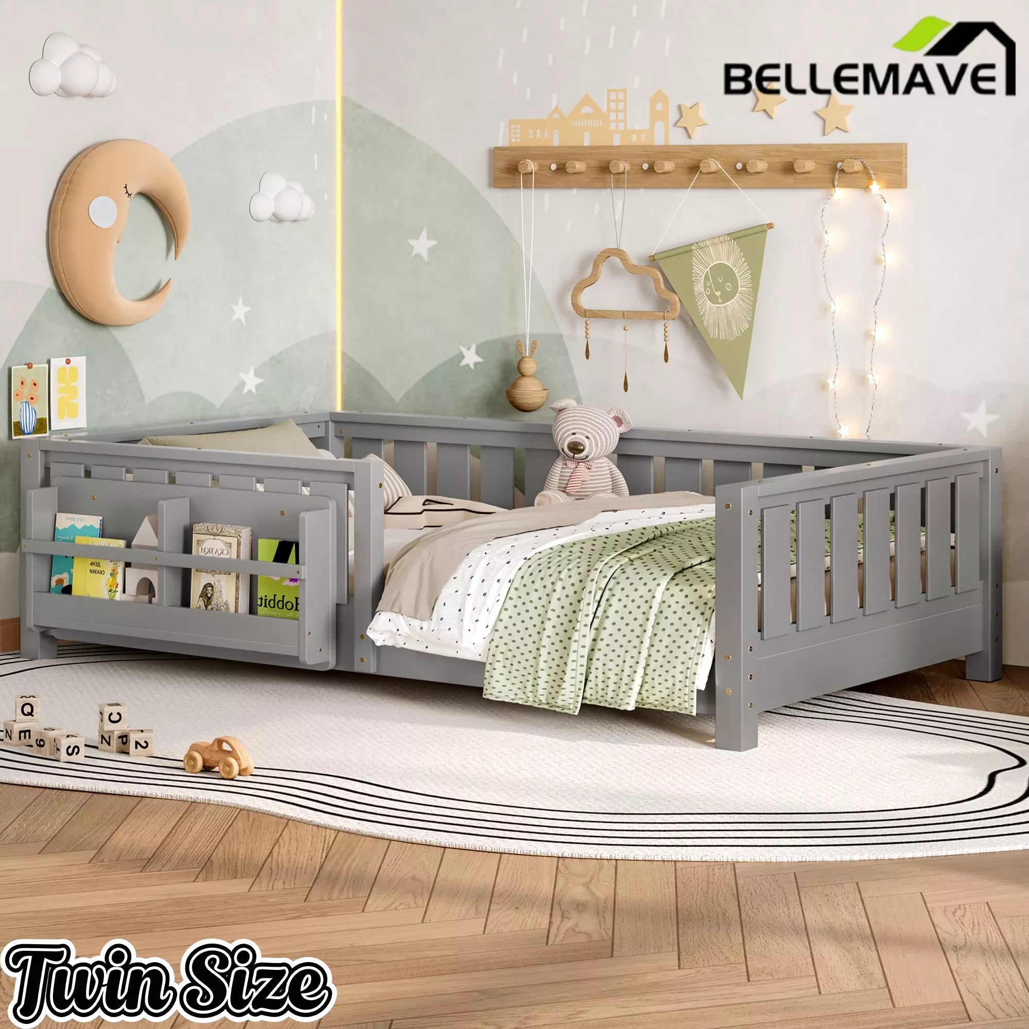 Bellemave® Kids Montessori Floor Bed with Safety Guardrails, Built-in Bookcase & Wooden Slats — Twin, Full, Queen Sizes Bellemave®