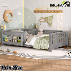 Bellemave® Kids Montessori Floor Bed with Safety Guardrails, Built-in Bookcase & Wooden Slats — Twin, Full, Queen Sizes Bellemave®