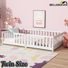 Bellemave® Twin Size Montessori Floor Bed for Kids,Twin Floor Bed Frame with Slats,Solid Wood Twin Bed Frame for Girls Boys,Grey Bellemave®