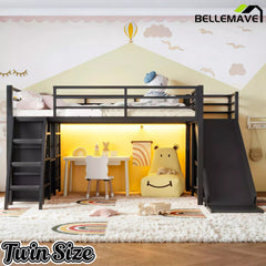 Bellemave® Twin Metal Loft Bed with Slide, 7 Drawers & LED Lights — Storage Shelves & Hanging Area for Kids Bellemave®