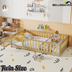 Bellemave® Twin Size Montessori Floor Bed for Kids,Twin Floor Bed Frame with Slats,Solid Wood Twin Bed Frame for Girls Boys,Grey Bellemave®
