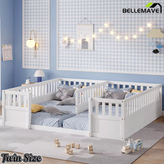 Bellemave® Double Twin Floor Bed with Guardrails, Pine Wood Kids Floor Bed with Open Entrance, Semi-Enclosed Montessori Bed Frame
