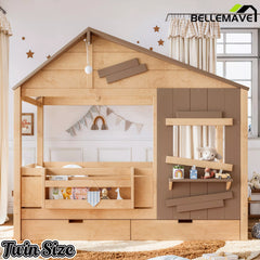 Bellemave® Wooden Farmhouse House Bed with Storage Drawers, Window Shelf & Side Hooks, Kids Playhouse Floor Bed